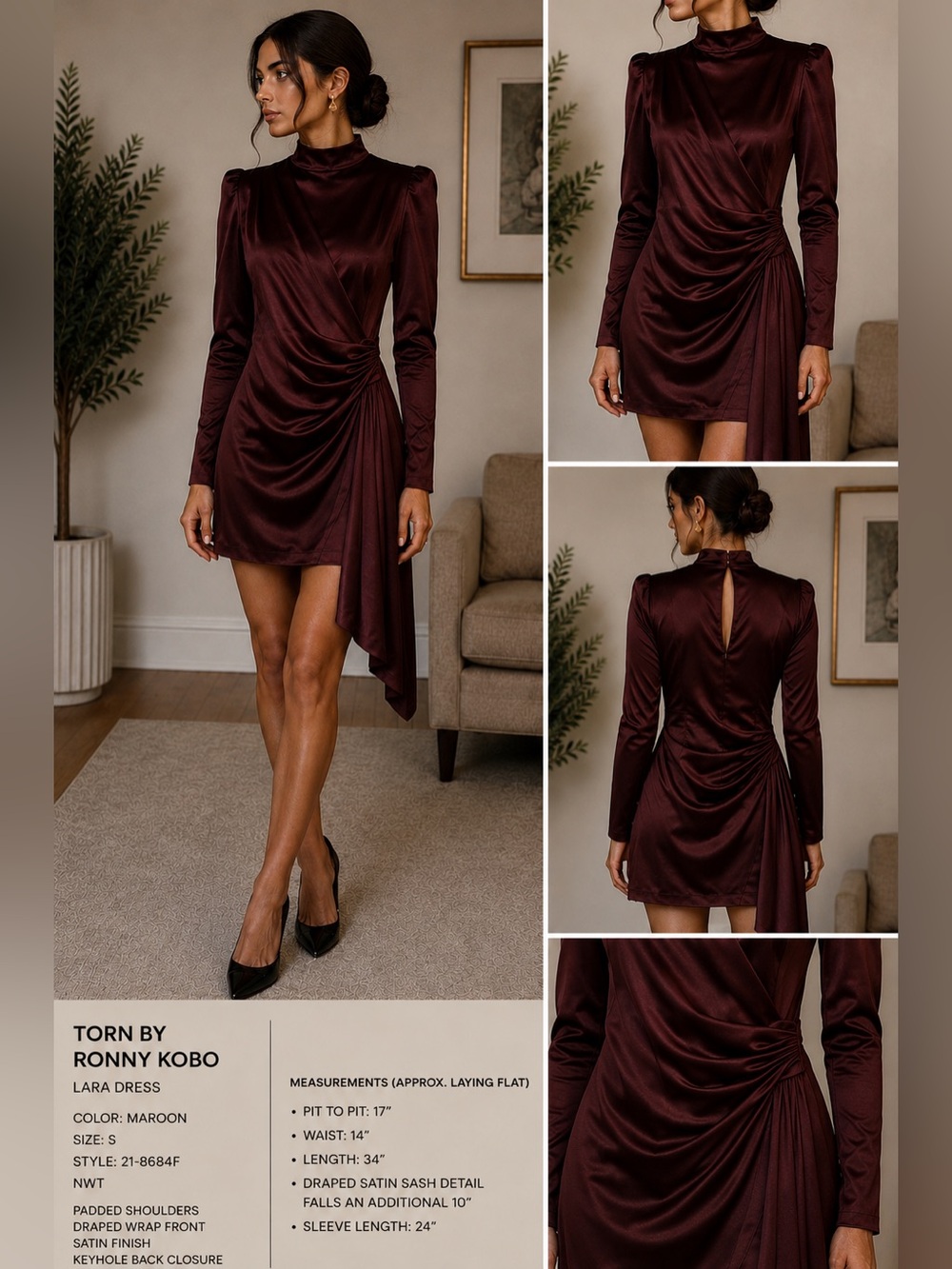 Torn by Ronny Kobo Maroon Lara Draped Wrap Dress Size S | NWT